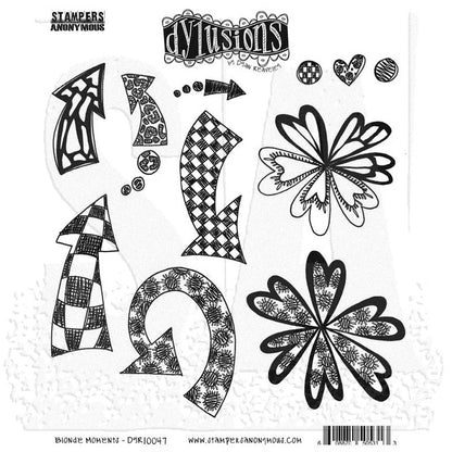 Blonde Moments - DYR10047 - Dylusions cling rubber stamps. Image shows black and white illustrated designs featuring floral, arrow, and patterned motifs, made by Stampers Anonymous and Dyan Reaveley.