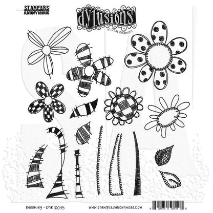 Blooming - DYR10045 - Dylusions cling rubber stamps. Image shows black and white illustrated designs featuring florals, flowers, stems, suns, leaves with patterned motifs, made by Stampers Anonymous and Dyan Reaveley. 