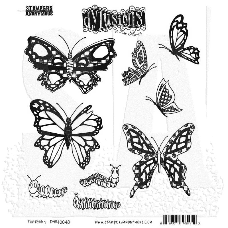 Flutterby - DYR10048 - Dylusions cling rubber stamps. Image shows black and white illustrated designs featuring butterflies, grubs, and patterned motifs, made by Stampers Anonymous and Dyan Reaveley.