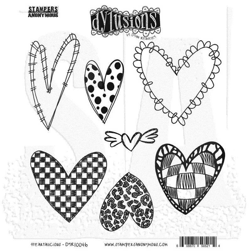 Heartalicious  - DYR10046 - Dylusions cling rubber stamps. Image shows black and white illustrated designs featuring decorated heart shapes and patterned motifs, made by Stampers Anonymous and Dyan Reaveley.
