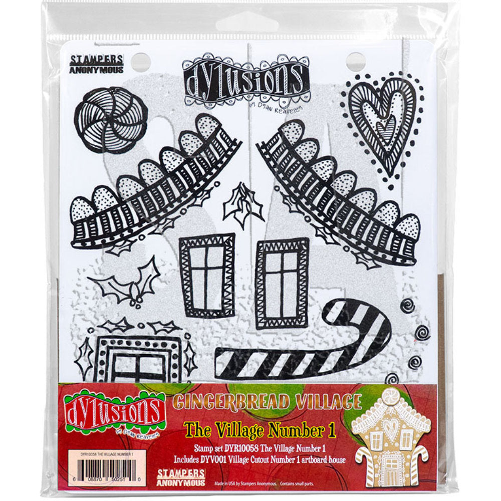 Dyan Reaveley's Dylusions Stampers Anonymous product image for "The Village Number 1" DYR10058 - red rubber cling foam mounted art stamps featuring original illustrations drawn by Dyan Reaveley in the spirit of Christmas together with DYV001 Village Cutout Number 1 Artboard House. The stamp designs are perfect for decorating your gingerbread house as well as using in journals, cards, framed artworks and more.