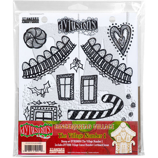Dyan Reaveley's Dylusions Stampers Anonymous product image for "The Village Number 1" DYR10058 - red rubber cling foam mounted art stamps featuring original illustrations drawn by Dyan Reaveley in the spirit of Christmas together with DYV001 Village Cutout Number 1 Artboard House. The stamp designs are perfect for decorating your gingerbread house as well as using in journals, cards, framed artworks and more.