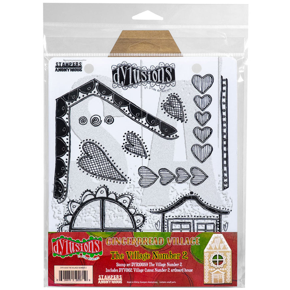 Dyan Reaveley's Dylusions Stampers Anonymous product image for "The Village Number 2" DYR10059 - red rubber cling foam mounted art stamps featuring original illustrations drawn by Dyan Reaveley in the spirit of Christmas together with DYV002 Village Cutout Number 2 Artboard House. The stamp designs are perfect for decorating your gingerbread house as well as using in journals, cards, framed artworks and more.