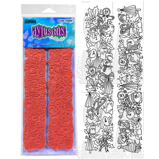 Dyan Reaveley's Dylusions Stampers Anonymous product image for "Winter Garlands" DYR10062 - red rubber cling foam mounted art stamps featuring original illustrations drawn by Dyan Reaveley in the spirit of Christmas. This set includes 2 (two) long stamp strips, one horizontal, one vertical. with images of deer, birds, gingerbread men, snowman, trees, candy canes, holly, bows and berries.