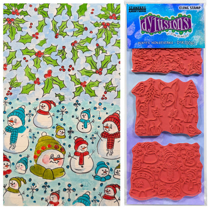 Dyan Reaveley's Dylusions Stampers Anonymous arty crafty example made by Dyan - on the left is a colourful page of holly and berries, snowmen and snowy spotty sparkles made using Dylusions red rubber art stamps, Ranger Archival Black Marble ink pad and Dylusions Sticks & Caykes set 2 watercolour paints. On the right is a photo of the stamp set used to create this vibrant festive page.