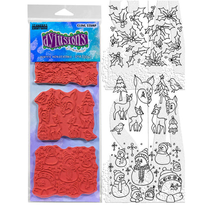 Dyan Reaveley's Dylusions Stampers Anonymous product image for "Winter Wonderland" DYR10061 - red rubber cling foam mounted art stamps featuring original illustrations drawn by Dyan Reaveley in the spirit of Christmas. This set includes 3 (three) stamps of holly and berries; deer, trees and birds; snowman with snowy sparkles.