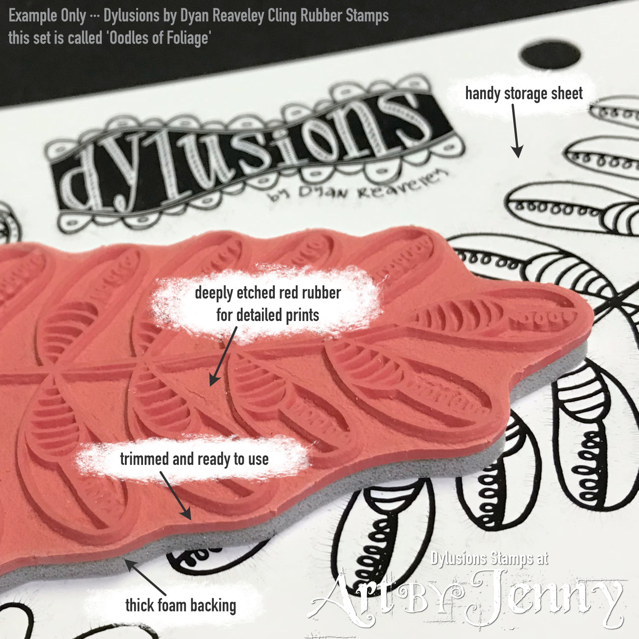 Photograph by Jenny James featuring a closeup image of Dyan Reaveley's Dylusions cling rubber stamps (Ranger product made by Stampers Anonymous), showing the 'Oodles of Foliage' set as an example.