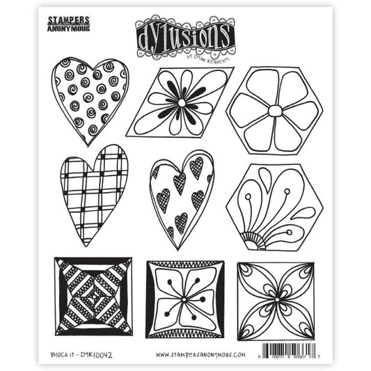 Block It ... Dylusions by Dyan Reaveley Stamps (DYR10042). Red rubber stamps with cling foam backing, featuring decorated hearts, diamond, hexagons and squares. Perfect to use for mixed media, art journaling, scrapbooking, stamping on fabrics, using in papercrafts, for visual arts of all kinds. 9 (nine) designs.