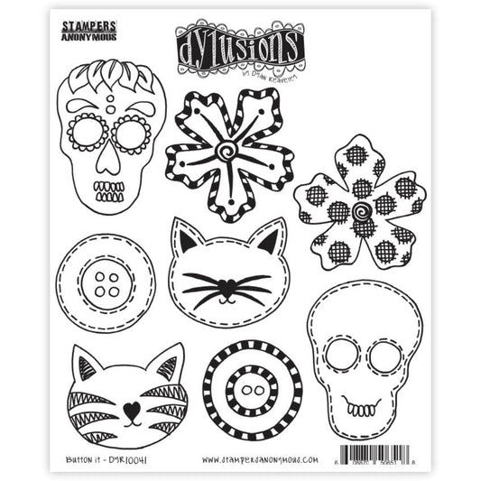 Button It ... Dylusions by Dyan Reaveley Stamps (DYR10041). Red rubber stamps with cling foam backing, featuring decorated skulls, flowers, circles and cats. Perfect to use for mixed media, art journaling, scrapbooking, stamping on fabrics, using in papercrafts, for visual arts of all kinds. 8 (eight) designs.