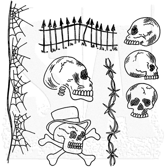 Day of the Heads ... Rubber Stamp Set - Dylusions by Dyan Reaveley (). Red rubber stamps mounted with cling foam backing to use in journaling, collage, mixed media, arts and crafts, scrapbooking, stamping on fabrics, using in papercrafts, visual arts of all kinds. 8 (eight) designs.

Groovy old wrought iron crooked fence, border of webs, length of barbed wire, and 5 skulls (boney heads).