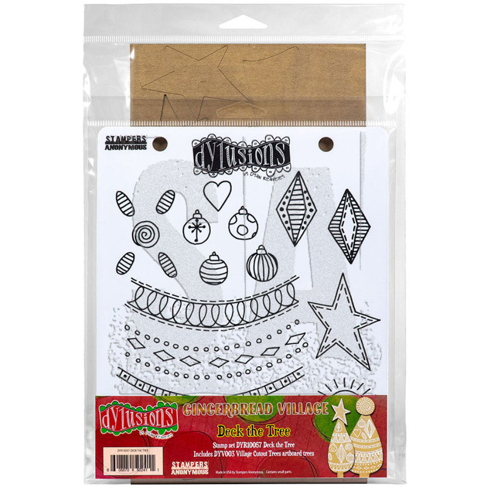Dyan Reaveley's Dylusions Stampers Anonymous product image for "Deck the Tree" DYR10057 - red rubber cling foam mounted art stamps featuring original illustrations drawn by Dyan Reaveley in the spirit of Christmas together with DYV003 Village Cutout Trees Artboard. The stamp designs are perfect for decorating your gingerbread trees and houses as well as using in journals, cards, framed artworks and more.