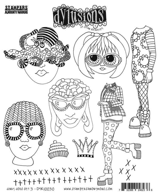 Dinky Dolls 3 ... Cling Stamps - Dylusions by Dyan Reaveley and Stampers Anonymous (DYR10030). Original designs by Dyan Reaveley, made by Stampers Anonymous out of red rubber mounted on cling foam. Perfect for mixed media, art journaling, scrapbooking, stamping on fabrics, using in papercrafts and visual arts of all kinds. 11 (eleven) designs.