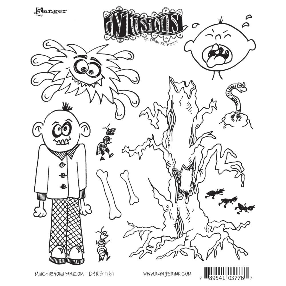 Mischievous Malcolm ... Rubber Stamp Set - Dylusions by Dyan Reaveley (DYR37767). Red rubber stamps mounted with cling foam backing to use in journaling, collage, mixed media, arts and crafts, scrapbooking, stamping on fabrics, using in papercrafts, visual arts of all kinds. 10 (ten) designs.

Along with Dyan's likeable Malcolm the Mischievous, are ants, fuzzy friendly 8-legged critter, crying baby face (for those kind of days), leafless tree and more.