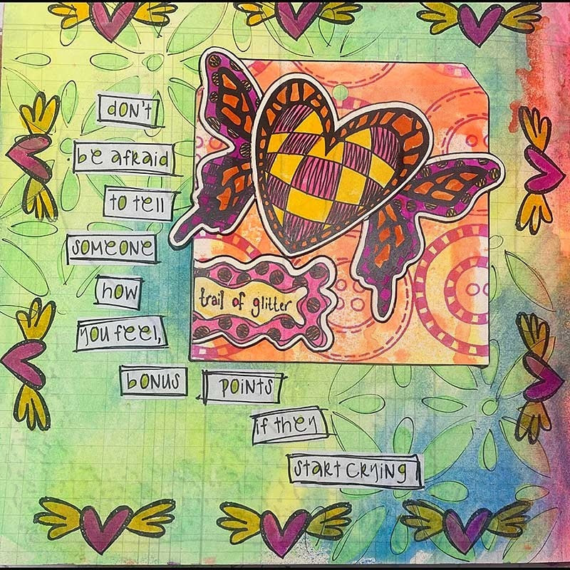 Arty examples made by Dyan Reaveley, Emmi and Jay using Dylusions cling rubber stamps made by Stampers Anonymous and Dyan Reaveley. Beautiful journal pages feature winged hearts, flying hearts, quotes on background patterns in green and pink.