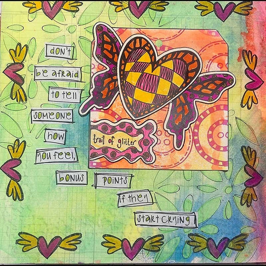 Arty examples made by Dyan Reaveley, Emmi and Jay using Dylusions cling rubber stamps made by Stampers Anonymous and Dyan Reaveley. Beautiful journal pages feature winged hearts, flying hearts, quotes on background patterns in green and pink.