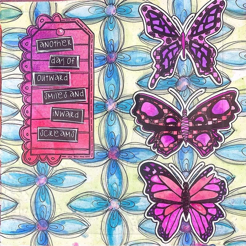 Arty examples made by Dyan Reaveley, Emmi and Jay using Dylusions cling rubber stamps made by Stampers Anonymous and Dyan Reaveley. Beautiful journal pages feature flowers, butterflies, bright colours, background patterns of pink and blue