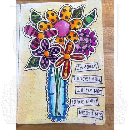 Arty examples made by Dyan Reaveley, Emmi and Jay using Dylusions cling rubber stamps made by Stampers Anonymous and Dyan Reaveley. Beautiful journal pages feature flowers, butterflies, bright colours, vases, stems, foliage, background patterns and hearts.