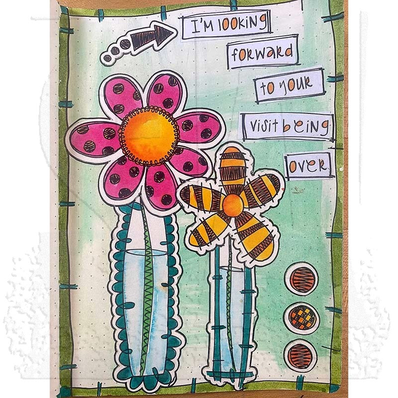 Arty examples made by Dyan Reaveley, Emmi and Jay using Dylusions cling rubber stamps made by Stampers Anonymous and Dyan Reaveley. Beautiful journal pages feature flowers, arrows, spots and a quote over a pale green background.