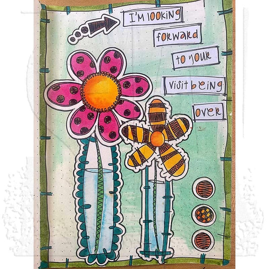 Arty examples made by Dyan Reaveley, Emmi and Jay using Dylusions cling rubber stamps made by Stampers Anonymous and Dyan Reaveley. Beautiful journal pages feature flowers, arrows, spots and a quote over a pale green background.