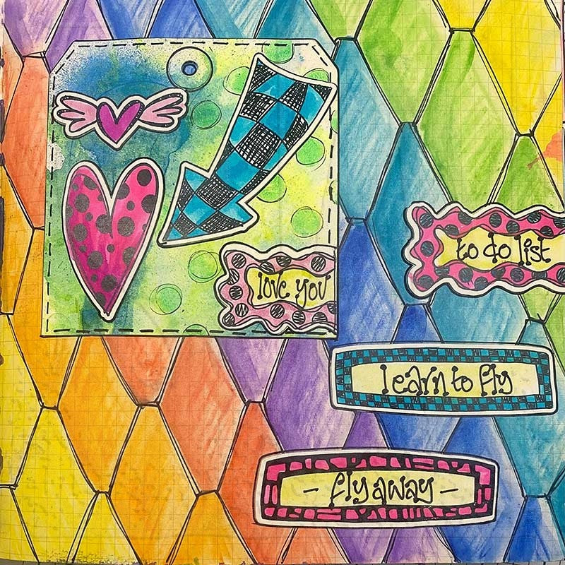Arty examples made by Dyan Reaveley, Emmi and Jay using Dylusions cling rubber stamps made by Stampers Anonymous and Dyan Reaveley. Beautiful journal pages feature flowers, butterflies, bright colours, vases, stems, foliage, background patterns and hearts.