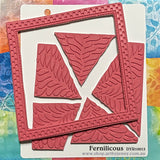 Fernilicious ... rubber stamp set - Dylusions by Dyan Reaveley (DYR10013). 6 (six) designs in one for use in mixed media, art journaling, stamping on fabrics, papercrafts, visual arts of all kinds.&nbsp;&nbsp;Overall size is 6.5 inch square with cutout sections. Six designs in one, precut and ready to go ... a beautiful leafy design that grows from the centre with triangular segments and a square frame. Use as one whole stamp or pull apart to print out each section separately, one at a time.