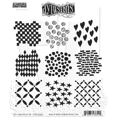 Get Your Rocks On ... rubber stamp set - Dylusions by Dyan Reaveley (DYR10014). 9 (nine) designs for use in mixed media, art journaling, stamping on fabrics, papercrafts, visual arts of all kinds.  This beautiful set illustrated by Dyan includes nine original patterns to use for stamping everywhere, in books, on cards, planners, invitations - or with the Dylusions Dyamond Rocks to create deep impressions into the ultra thick embossing powder.