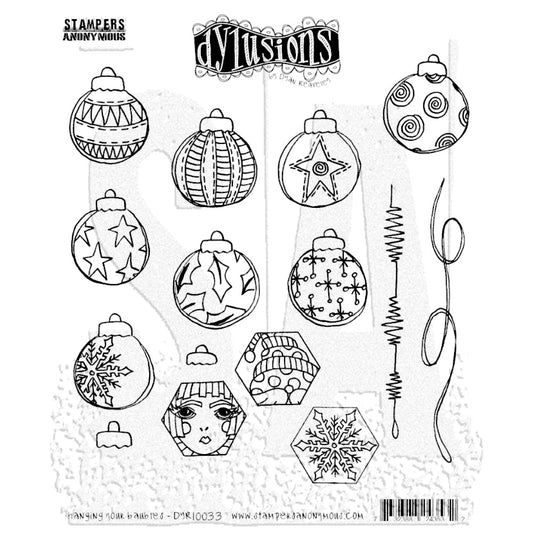 Rock Your Christmas ... Dylusions by Dyan Reaveley Stamp Set (DYR10033). Decorative red rubber stamps made by Stampers Anonymous with cling foam backing. Perfect to use for mixed media, art journaling, scrapbooking, stamping on fabrics, using in papercrafts, for visual arts of all kinds. 15 (fifteen) designs featuring round festive baubles, hexagons and lengths of wire or ribbon.