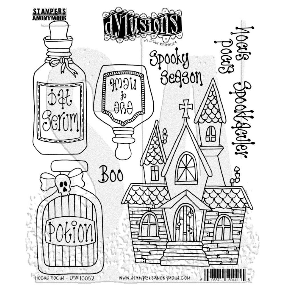 This rubber stamp set is called "Hocus Pocus" DYR10052 with bottles, potions, words, wizard or witch's tiled roof house. Part of the new release of designs from Dylusions by Dyan Reaveley in the theme of Halloween, ghosts, witch's shoes and brooms, pumpkins, cats, wings, hats, flying bats, bottles, spooky sayings, as images, borders and backgrounds. For sale at Art by Jenny in Australia. 