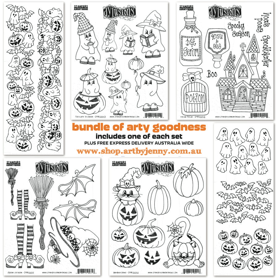 Dylusions by Dyan Reaveley stamps released in the theme of Halloween, ghosts, witch's shoes and brooms, pumpkins, cats, wings, hats, flying bats, bottles, spooky sayings, fabulous house, as images, borders and backgrounds. For sale at Art by Jenny in Australia.