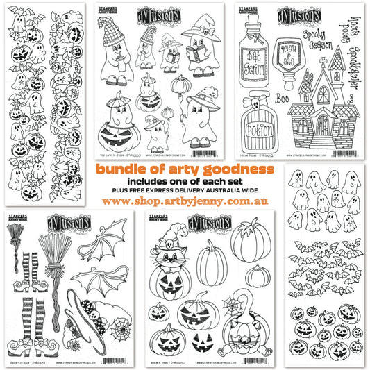 Dylusions by Dyan Reaveley stamps released in the theme of Halloween, ghosts, witch's shoes and brooms, pumpkins, cats, wings, hats, flying bats, bottles, spooky sayings, fabulous house, as images, borders and backgrounds. For sale at Art by Jenny in Australia.