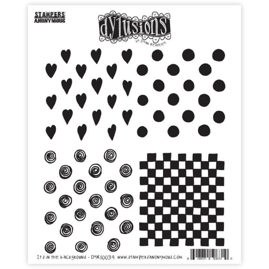 Its In The Background ... Dylusions by Dyan Reaveley Stamps (DYR10039). Red rubber stamps with cling foam backing, featuring patterns to use for creating backgrounds and filling areas - hearts, spots, spirals, checker-squares. Perfect to use for mixed media, art journaling, scrapbooking, stamping on fabrics, using in papercrafts, for visual arts of all kinds. 4 (four) designs.