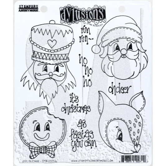 Dyan Reaveley's Dylusions Stampers Anonymous product image for "Jolly Friends" DYR10056 - red rubber cling foam mounted art stamps featuring original illustrations drawn by Dyan Reaveley in the spirit of Christmas. This set includes 4 (four) heads of musician, Santa, Gingerbread man and a deer (fawn, Rudolf, Bambi), with words of run run, ho ho ho, oh deer, its' Christmas, as fast as you can.