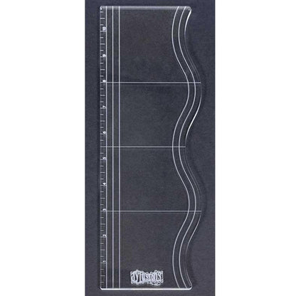 Long Journaling and Stamping Block with Scallop Edge, Ruler and Guides - by Dyan Reaveley's Dylusions ... an 11" x 4"&nbsp;clear acrylic stamping block for using long and large stamps for art journaling, mixed media, painting, bullet journaling, scrapbooking, papercrafts and visual arts. Size : 11" long, 3 1/4" to 4" wide and approx 4mm thick. It has a wavy edge with wavy markings and has inches marked down the straight edge. Made by Stampers Anonymous for Dyan Reaveley and Dylusions.