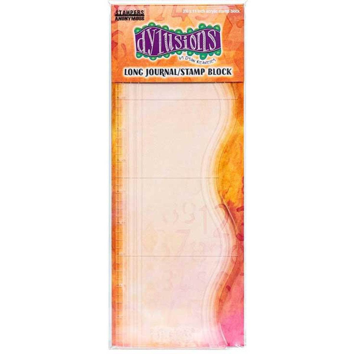 Long Journaling and Stamping Block with Scallop Edge, Ruler and Guides - by Dyan Reaveley's Dylusions ... an 11" x 4"&nbsp;clear acrylic stamping block for using long and large stamps for art journaling, mixed media, painting, bullet journaling, scrapbooking, papercrafts and visual arts. Size : 11" long, 3 1/4" to 4" wide and approx 4mm thick. It has a wavy edge with wavy markings and has inches marked down the straight edge.  Made by Stampers Anonymous for Dyan Reaveley and Dylusions.