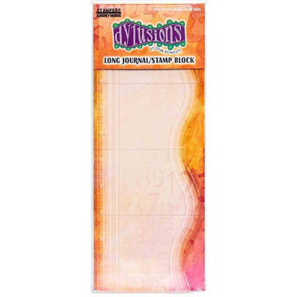 Long Journaling and Stamping Block with Scallop Edge, Ruler and Guides - by Dyan Reaveley's Dylusions ... an 11" x 4"&nbsp;clear acrylic stamping block for using long and large stamps for art journaling, mixed media, painting, bullet journaling, scrapbooking, papercrafts and visual arts. Size : 11" long, 3 1/4" to 4" wide and approx 4mm thick. It has a wavy edge with wavy markings and has inches marked down the straight edge.  Made by Stampers Anonymous for Dyan Reaveley and Dylusions.
