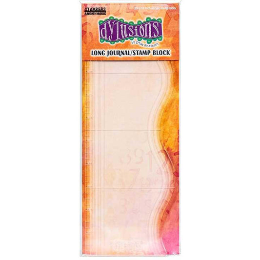 Long Journaling and Stamping Block with Scallop Edge, Ruler and Guides - by Dyan Reaveley's Dylusions ... an 11" x 4"&nbsp;clear acrylic stamping block for using long and large stamps for art journaling, mixed media, painting, bullet journaling, scrapbooking, papercrafts and visual arts. Size : 11" long, 3 1/4" to 4" wide and approx 4mm thick. It has a wavy edge with wavy markings and has inches marked down the straight edge.  Made by Stampers Anonymous for Dyan Reaveley and Dylusions.