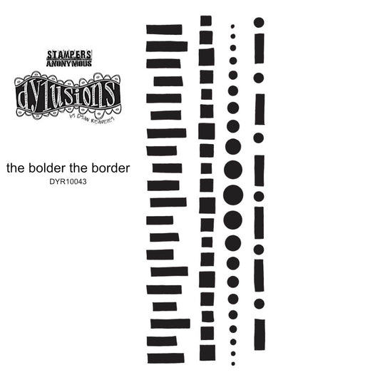 The Bolder the Border ... Dylusions by Dyan Reaveley Stamps (DYR10043). Red rubber stamps with cling foam backing, featuring four long lengths of dashes and dotted patterns. Perfect to use for mixed media, art journaling, scrapbooking, stamping on fabrics, using in papercrafts, for visual arts of all kinds. 4 (four) designs, each 10 1/4" long. Designs include short blocks, squares, dots, dot-dash.