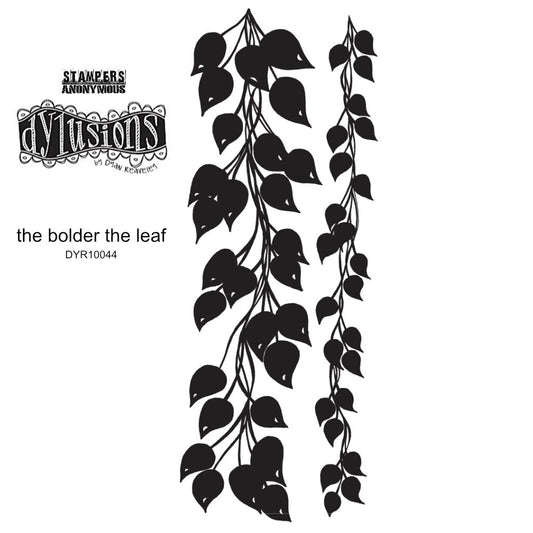 The Bolder the Leaf ... Dylusions by Dyan Reaveley Stamps (DYR10044). Red rubber stamps with cling foam backing, featuring two long lengths of leafy vines. Perfect to use for mixed media, art journaling, scrapbooking, stamping on fabrics, using in papercrafts, for visual arts of all kinds. 2 (two) designs, each 10 1/4" long. The designs in this set include two beautiful long leafy vines (in silhouette, solid leaves with white fleck highlights), each with leaves growing along long wavy twigs and stems.