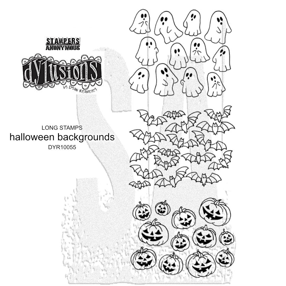 This rubber stamp set is called "halloween backgrounds" DYR10055 with ghosts, bats, pumpkins . Part of the new release of designs from Dylusions by Dyan Reaveley in the theme of Halloween, ghosts, witch's shoes and brooms, pumpkins, cats, wings, hats, flying bats, bottles, spooky sayings, fabulous house, as images, borders and backgrounds. For sale at Art by Jenny in Australia. 