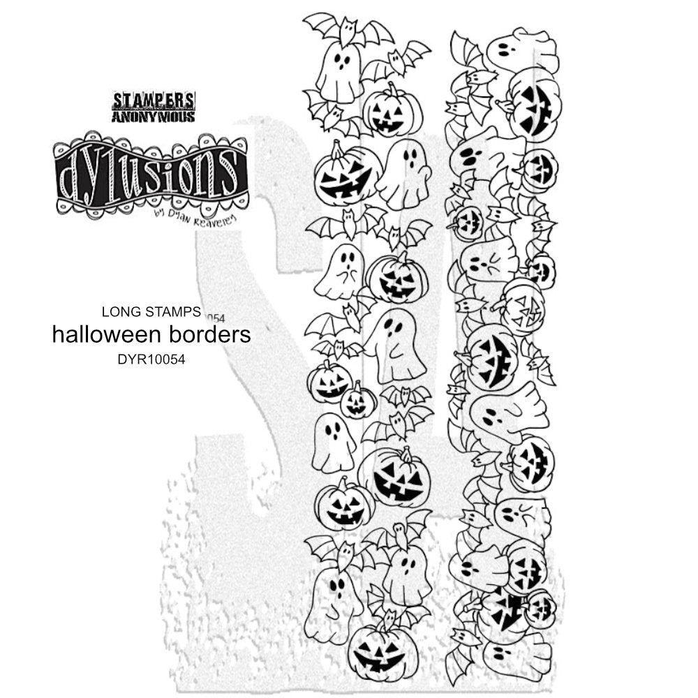 This rubber stamp set is called "Halloween Borders" DYR10054 with ghosts, bats, pumpkins. Part of the new release of designs from Dylusions by Dyan Reaveley in the theme of Halloween, ghosts, witch's shoes and brooms, pumpkins, cats, wings, hats, flying bats, bottles, spooky sayings, fabulous house, as images, borders and backgrounds. For sale at Art by Jenny in Australia. 