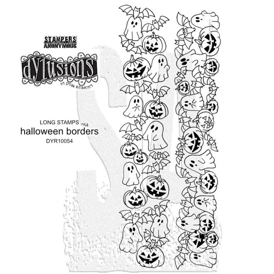 This rubber stamp set is called "Halloween Borders" DYR10054 with ghosts, bats, pumpkins. Part of the new release of designs from Dylusions by Dyan Reaveley in the theme of Halloween, ghosts, witch's shoes and brooms, pumpkins, cats, wings, hats, flying bats, bottles, spooky sayings, fabulous house, as images, borders and backgrounds. For sale at Art by Jenny in Australia. 