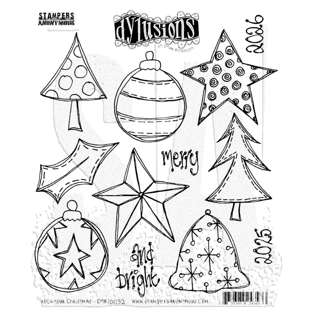 Rock Your Christmas ... Dylusions by Dyan Reaveley Stamp Set (DYR10032). Decorative red rubber stamps made by Stampers Anonymous with cling foam backing. Perfect to use for mixed media, art journaling, scrapbooking, stamping on fabrics, using in papercrafts, for visual arts of all kinds. 12 (twelve) designs. Designs include trees, baubles, stars, holly leaf and tree with stitch lines (dashes around the border), bell and text.