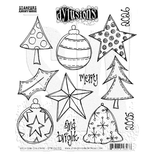 Rock Your Christmas ... Dylusions by Dyan Reaveley Stamp Set (DYR10032). Decorative red rubber stamps made by Stampers Anonymous with cling foam backing. Perfect to use for mixed media, art journaling, scrapbooking, stamping on fabrics, using in papercrafts, for visual arts of all kinds. 12 (twelve) designs. Designs include trees, baubles, stars, holly leaf and tree with stitch lines (dashes around the border), bell and text.