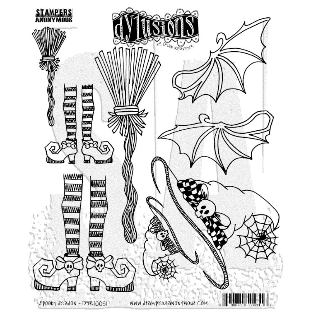 This rubber stamp set is called "Spooky Season" DYR10051 with broomsticks, hats, wings, shoes, webs. Part of the new release of designs from Dylusions by Dyan Reaveley in the theme of Halloween, ghosts, witch's shoes and brooms, pumpkins, cats, wings, hats, flying bats, bottles, spooky sayings, fabulous house, as images, borders and backgrounds. For sale at Art by Jenny in Australia. 