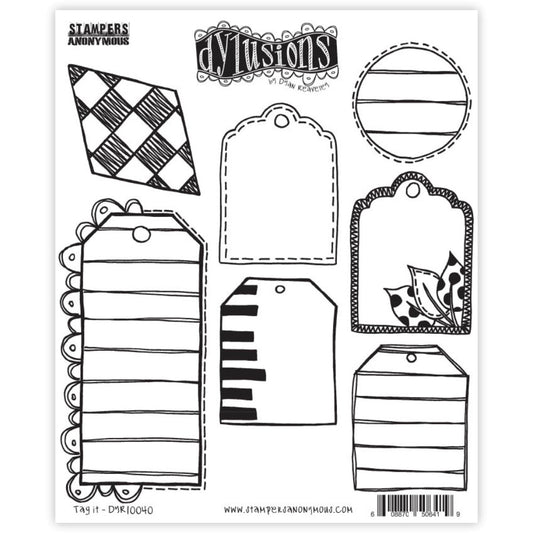 Tag It ... Dylusions by Dyan Reaveley Stamps (DYR10040). Red rubber stamps with cling foam backing, featuring decorated tags, diamond and circle. Perfect to use for mixed media, art journaling, scrapbooking, stamping on fabrics, using in papercrafts, for visual arts of all kinds. 7 (seven) designs.