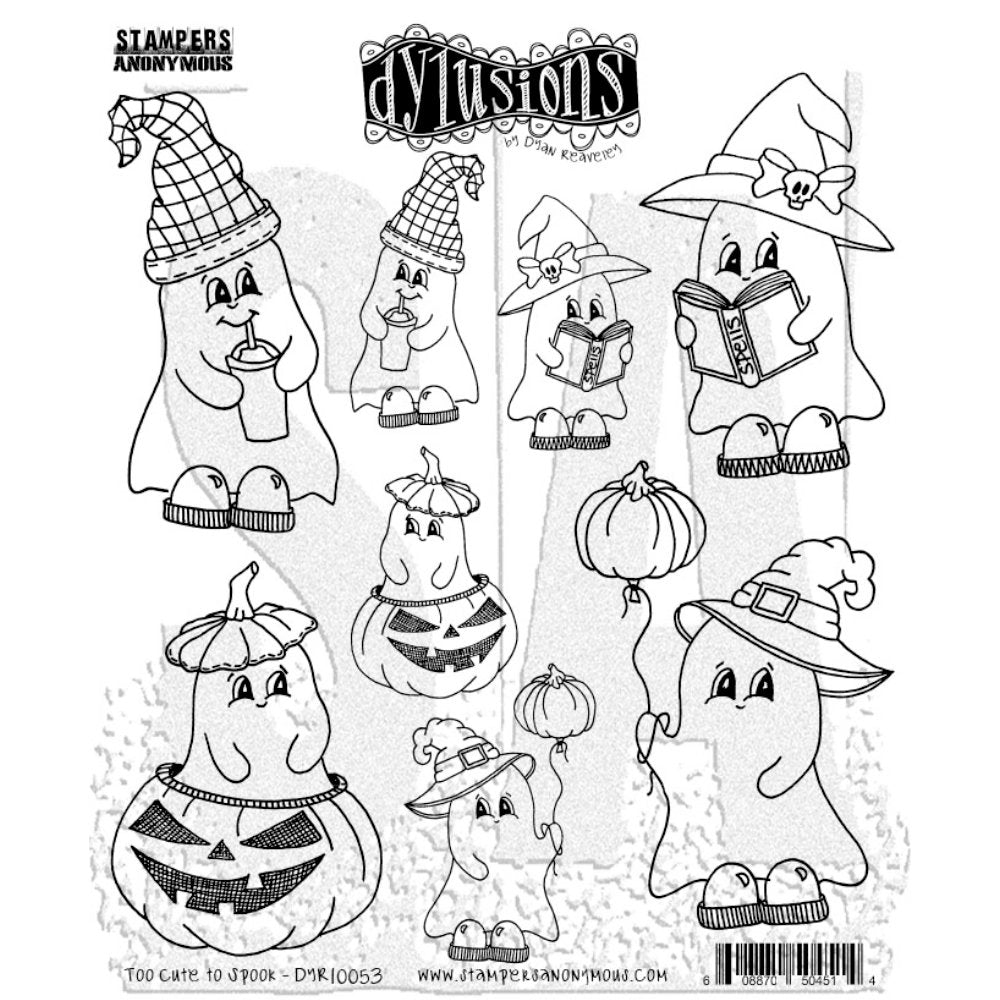 This rubber stamp set is called "Too Cute To Spook" DYR10053 with ghosts wearing hats with books, pumpkins. Part of the new release of designs from Dylusions by Dyan Reaveley in the theme of Halloween, ghosts, witch's shoes and brooms, pumpkins, cats, wings, hats, flying bats, bottles, spooky sayings, fabulous house, as images, borders and backgrounds. For sale at Art by Jenny in Australia. 