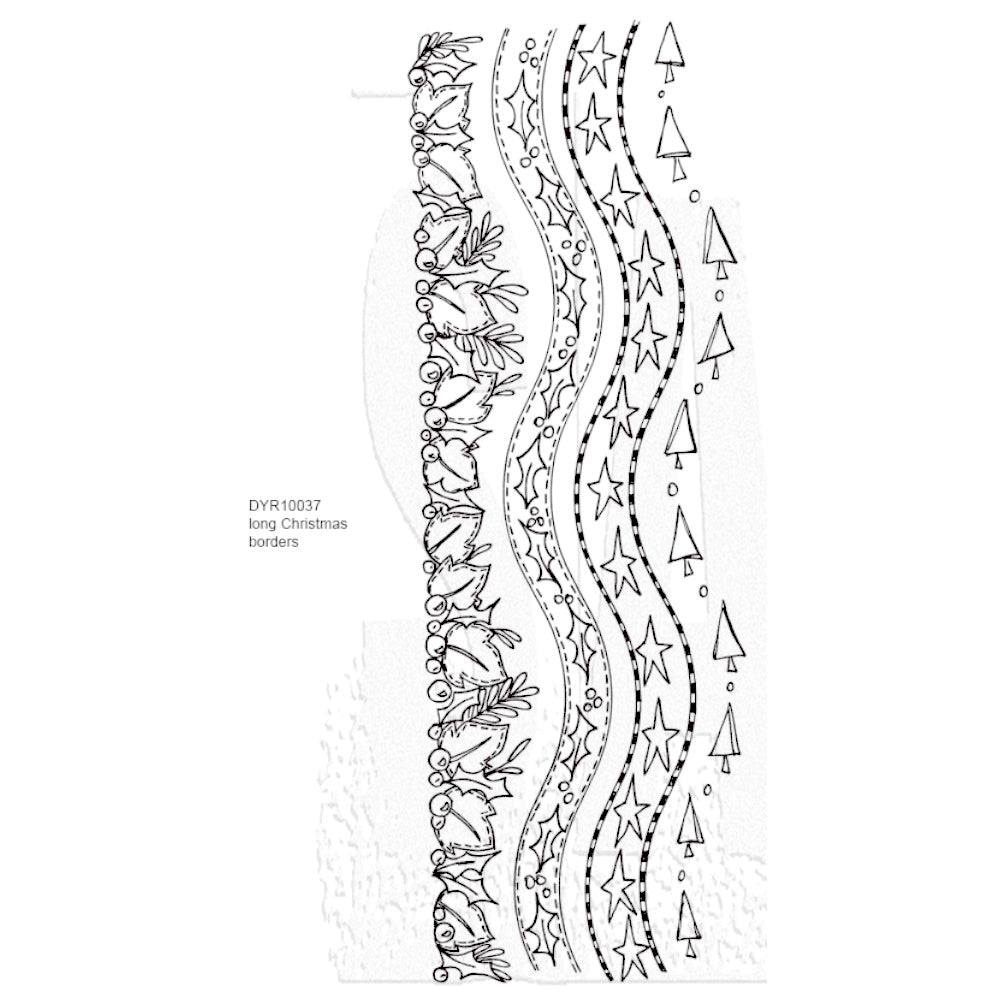 Long Christmas Borders ... Dylusions by Dyan Reaveley Long Stamp Set (DYR10037). Long decorative red rubber stamps made by Stampers Anonymous with cling foam backing. Perfect to use for mixed media, art journaling, scrapbooking, stamping on fabrics, using in papercrafts, for visual arts of all kinds. 4 (four) long designs, each approx 27cm long. Dyan's wonderful wavy edging and border designs feature triangle trees, stars, holly, mistletoe, berries, with dashes, lines, stitching lines and doodling.