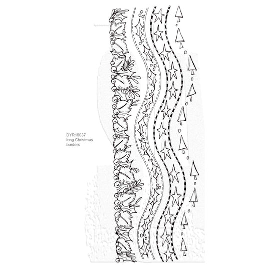 Long Christmas Borders ... Dylusions by Dyan Reaveley Long Stamp Set (DYR10037). Long decorative red rubber stamps made by Stampers Anonymous with cling foam backing. Perfect to use for mixed media, art journaling, scrapbooking, stamping on fabrics, using in papercrafts, for visual arts of all kinds. 4 (four) long designs, each approx 27cm long. Dyan's wonderful wavy edging and border designs feature triangle trees, stars, holly, mistletoe, berries, with dashes, lines, stitching lines and doodling.