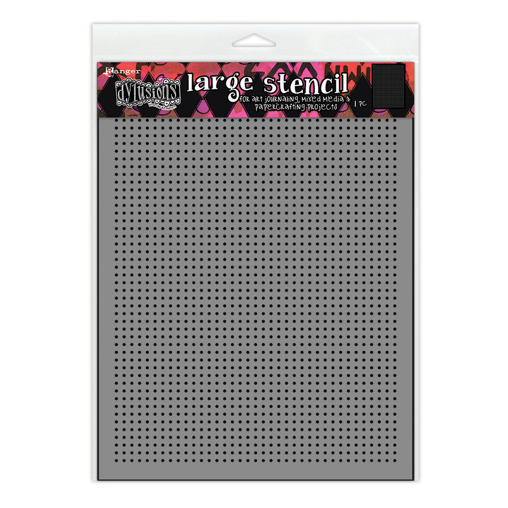 Dot Grid - DYS94968  - Dyan Reaveley's Dylusions Large Stencil for creating art, doodling. tangling. and making patterns in mixed media, scrapbooking, journaling, junk-journals, planners, tags, cards, ATCs, index cards, memorydex cards, all kinds of collage decoupage and papercrafting enjoyment. Photo of the grey stencil with pink Dylusions banner, black spots are the cutout design.