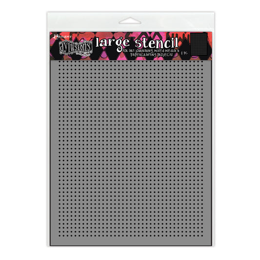 Dot Grid - DYS94968  - Dyan Reaveley's Dylusions Large Stencil for creating art, doodling. tangling. and making patterns in mixed media, scrapbooking, journaling, junk-journals, planners, tags, cards, ATCs, index cards, memorydex cards, all kinds of collage decoupage and papercrafting enjoyment. Photo of the grey stencil with pink Dylusions banner, black spots are the cutout design.